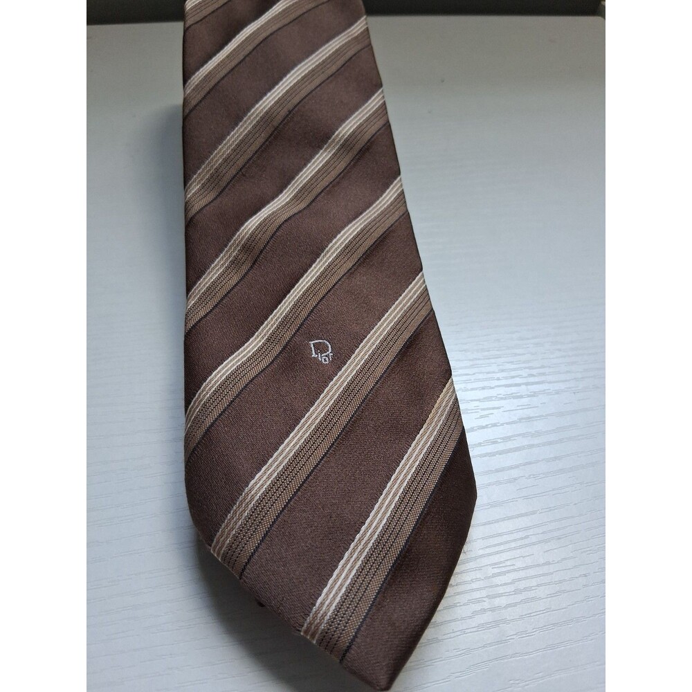 Christian Dior Cravates Tie Brown With Stripes Dior Logo Silk Blend Designer